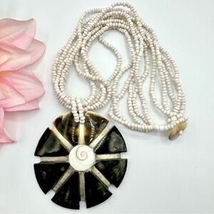 Carved Shell Pendant Necklace White Glass Seed Bead Multistrand Beach Boho Tribe